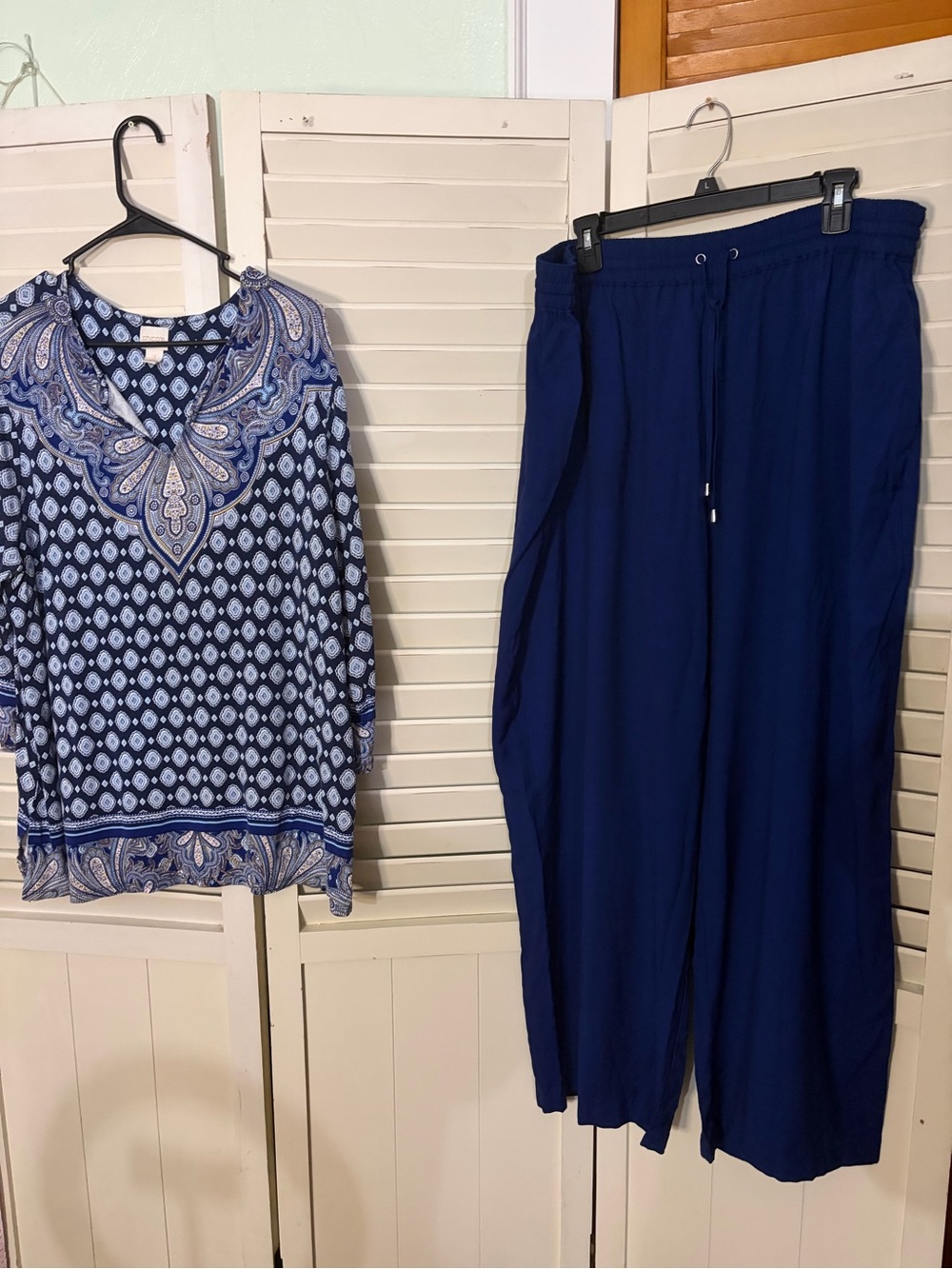 Two piece outfit including Croft and Barrow rayon pants and a Chicos top